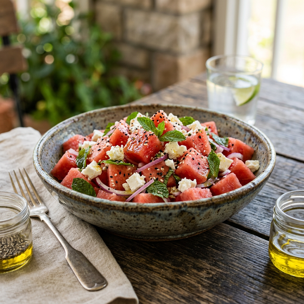 Bowl of watermelon salad with feta cheese, mint leaves, and red onion slices