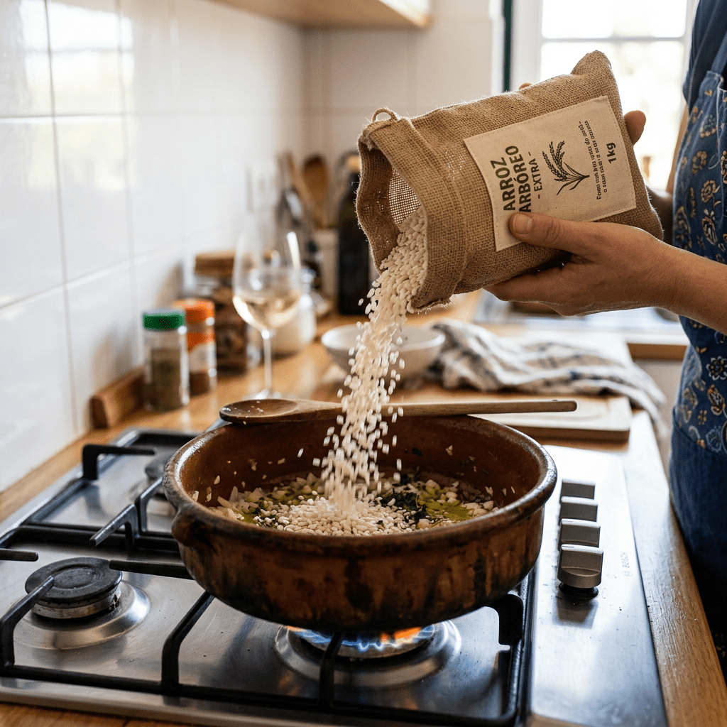 Pouring Arborio rice into a pot on a gas stove with herbs and oil